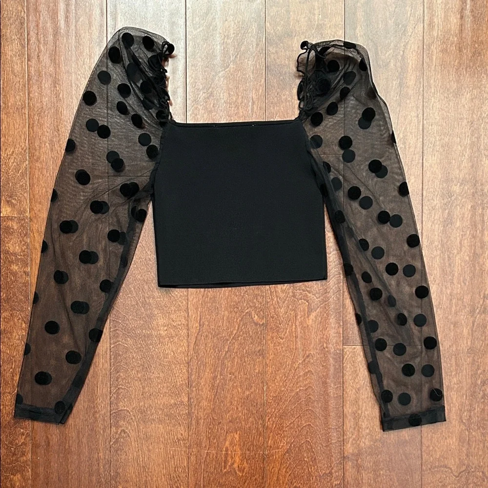 Zara Black Blouse with Polka Dot Mesh Puff Sleeves, Size Small - Picture 12 of 12